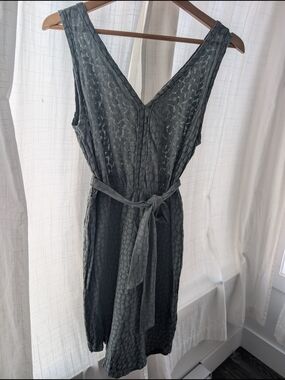Sleeveless V-Neck Textured Belted Dress | Sage Green | Made In Canada